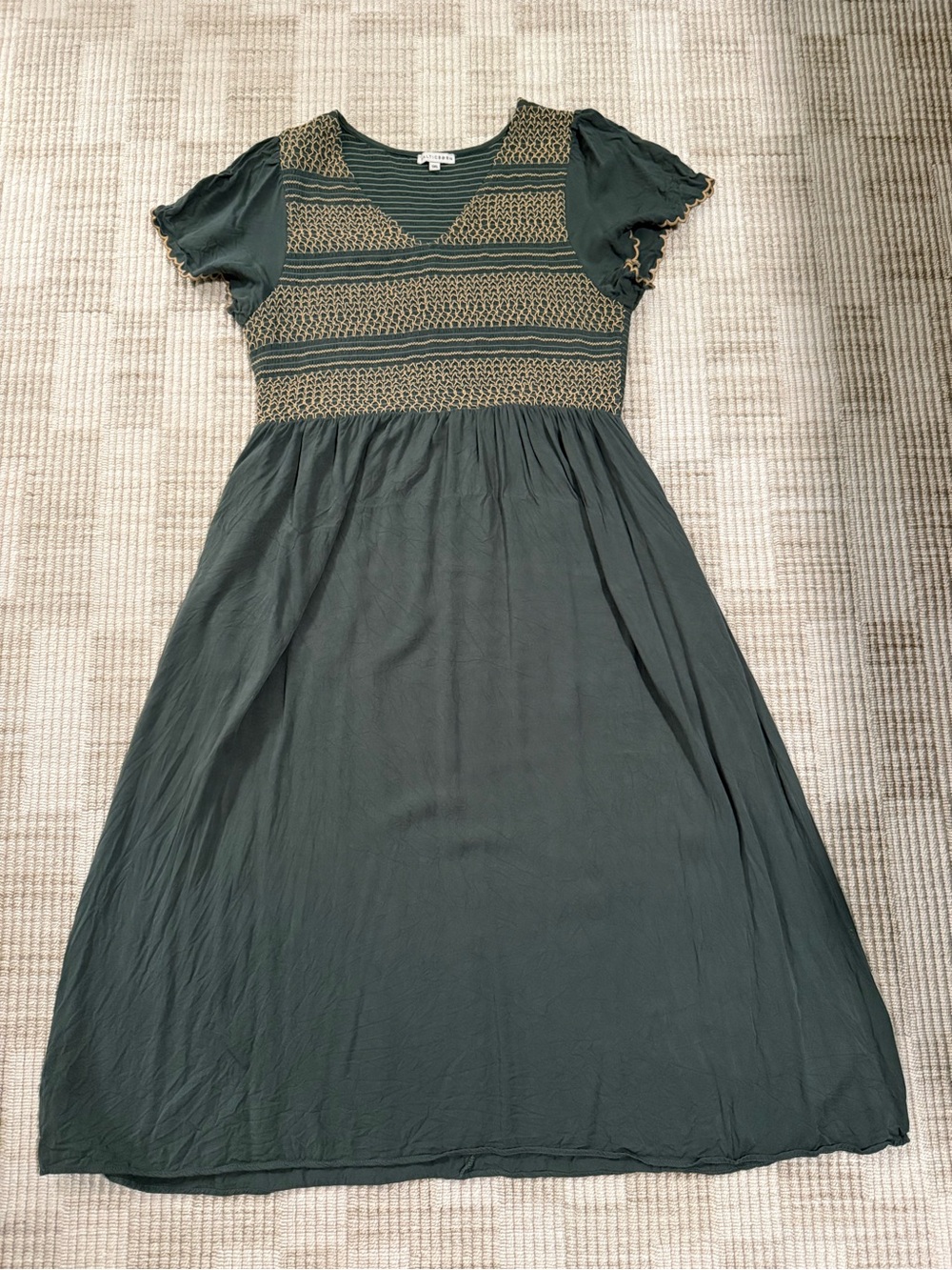 Baltic Born Dark Green Short Sleeve Midi Dress with Smocked Bodice